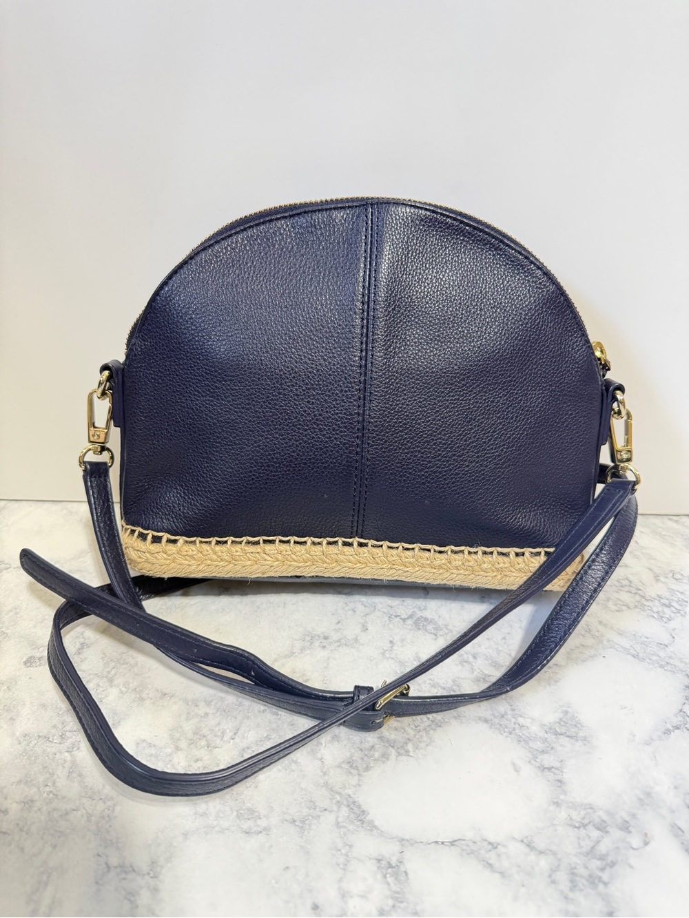 Talbots Navy Leather Crossbody Purse Pebbled Leather Woven Trim Shoulder Bag - Picture 2 of 6